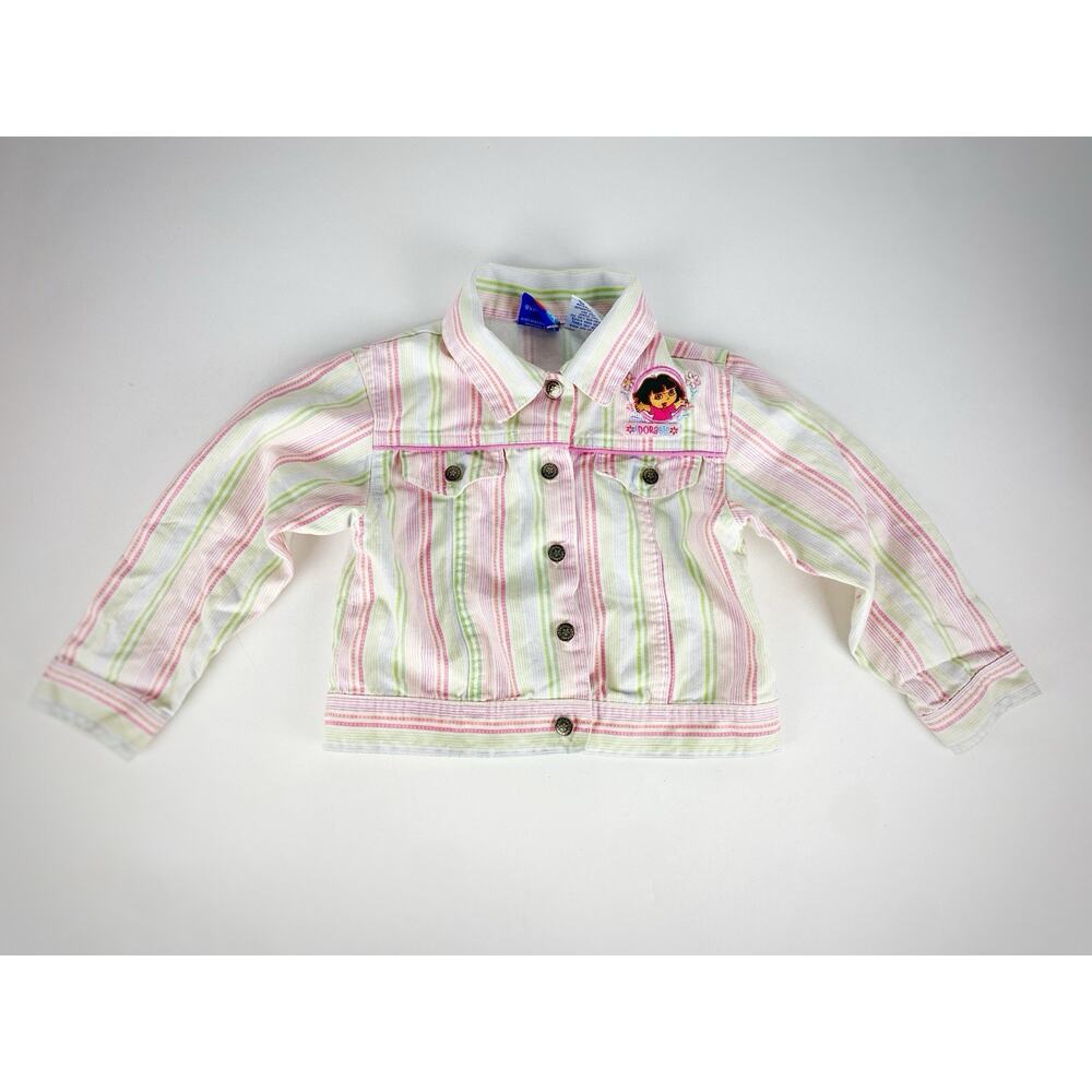 VTG Dora the Explorer Striped Jean Jacket Dorable Toddler Girl Sz XS Pink Green